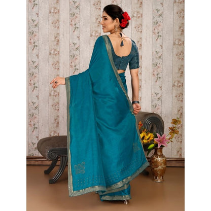 Generic Women's Vichitra Swiroshki Butta Saree With Unstitched Blouse (Blue, 5-6 Mtrs)