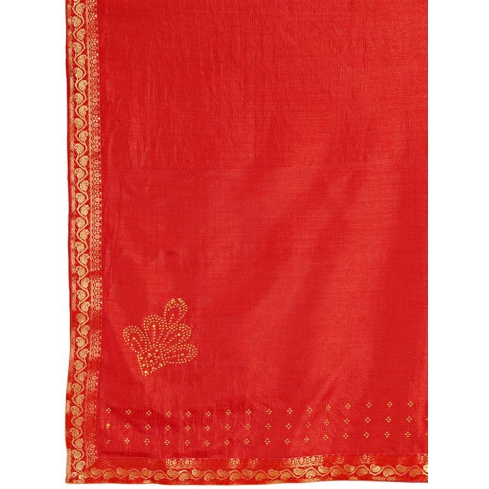 Generic Women's Vichitra Printed Saree With Unstitched Blouse (Red, 5-6 Mtrs)