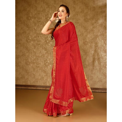 Generic Women's Vichitra Swiroshki Butta Saree With Unstitched Blouse (Red, 5-6 Mtrs)