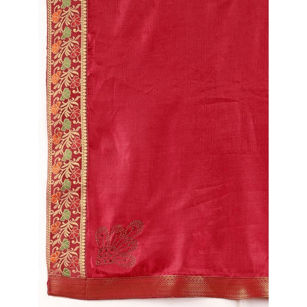 Generic Women's Vichitra Swiroshki Butta Saree With Unstitched Blouse (Maroon, 5-6 Mtrs)