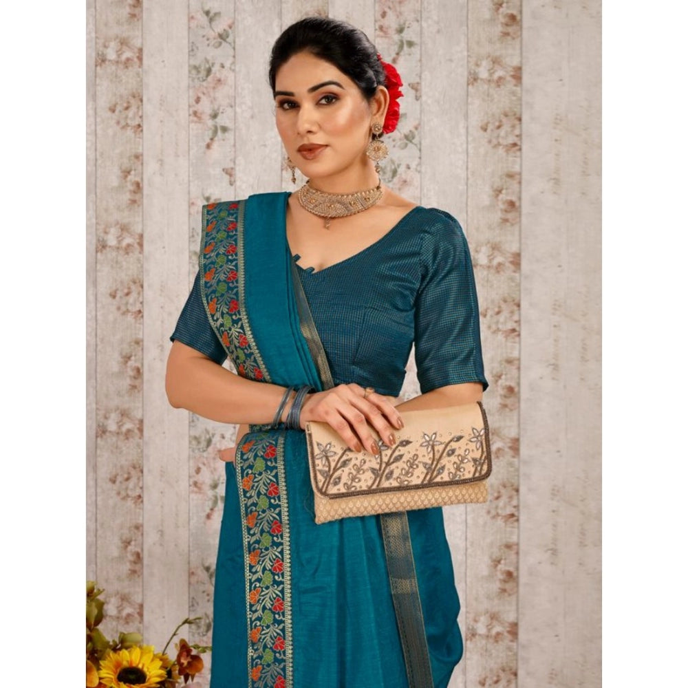 Generic Women's Vichitra Swiroshki Butta Saree With Unstitched Blouse (Teal Blue, 5-6 Mtrs)