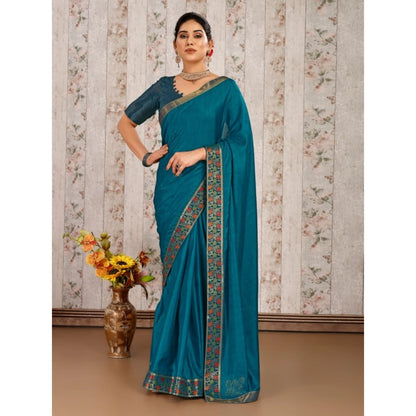 Generic Women's Vichitra Swiroshki Butta Saree With Unstitched Blouse (Teal Blue, 5-6 Mtrs)