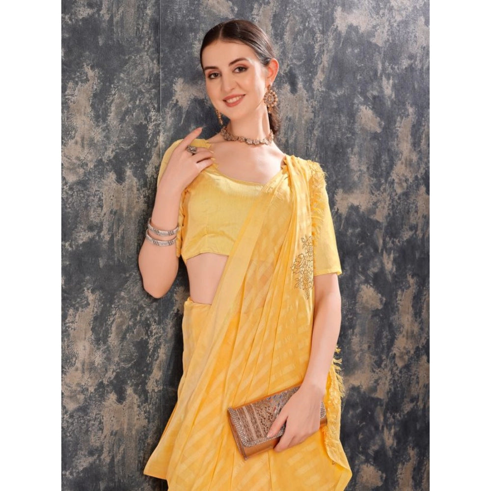 Generic Women's Chiffon Fabric Line Saree With Unstitched Blouse (Yellow, 5-6 Mtrs)