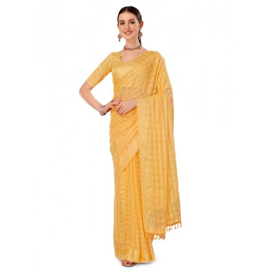 Generic Women's Chiffon Fabric Line Saree With Unstitched Blouse (Yellow, 5-6 Mtrs)