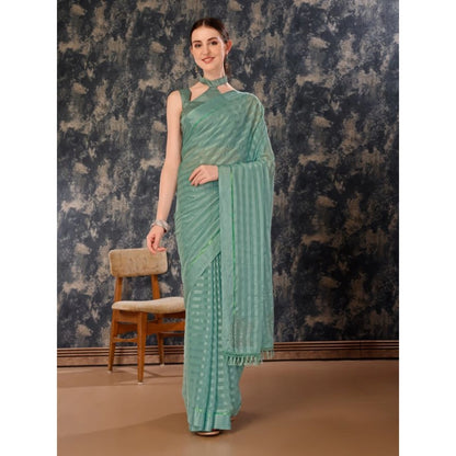 Generic Women's Chiffon Fabric Line Saree With Unstitched Blouse (Turquoise green, 5-6 Mtrs)