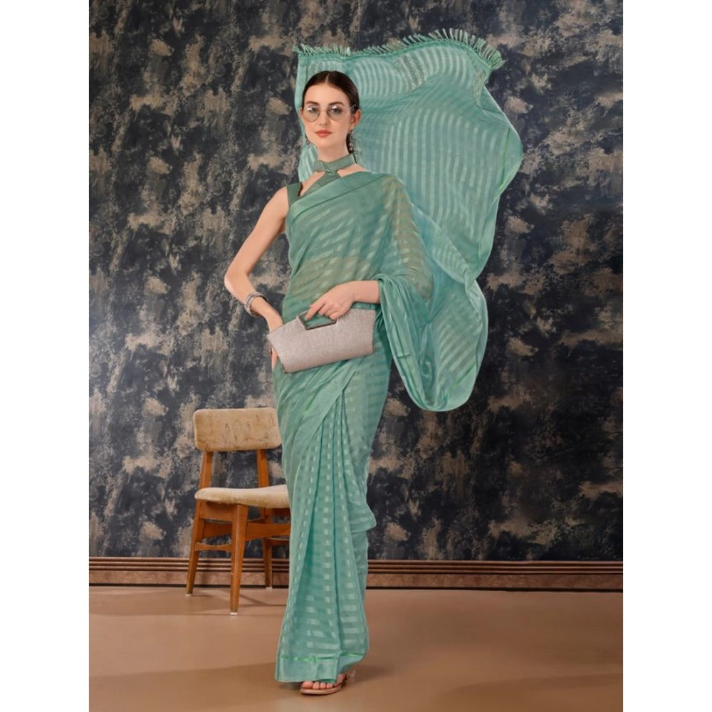 Generic Women's Chiffon Fabric Line Saree With Unstitched Blouse (Turquoise green, 5-6 Mtrs)