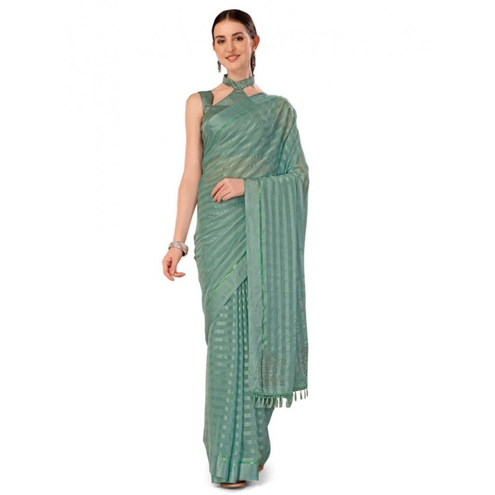 Generic Women's Chiffon Fabric Line Saree With Unstitched Blouse (Turquoise green, 5-6 Mtrs)