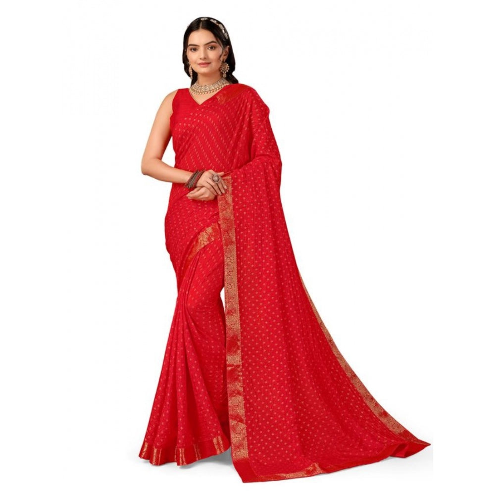 Generic Women's Vichitra Bandhani Saree With Unstitched Blouse (Red, 5-6 Mtrs)