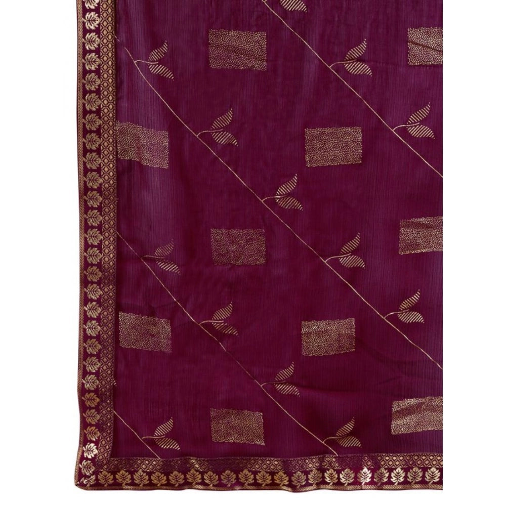 Generic Women's Zomto Patta Chiffon Saree With Unstitched Blouse (Wine, 5-6 Mtrs)