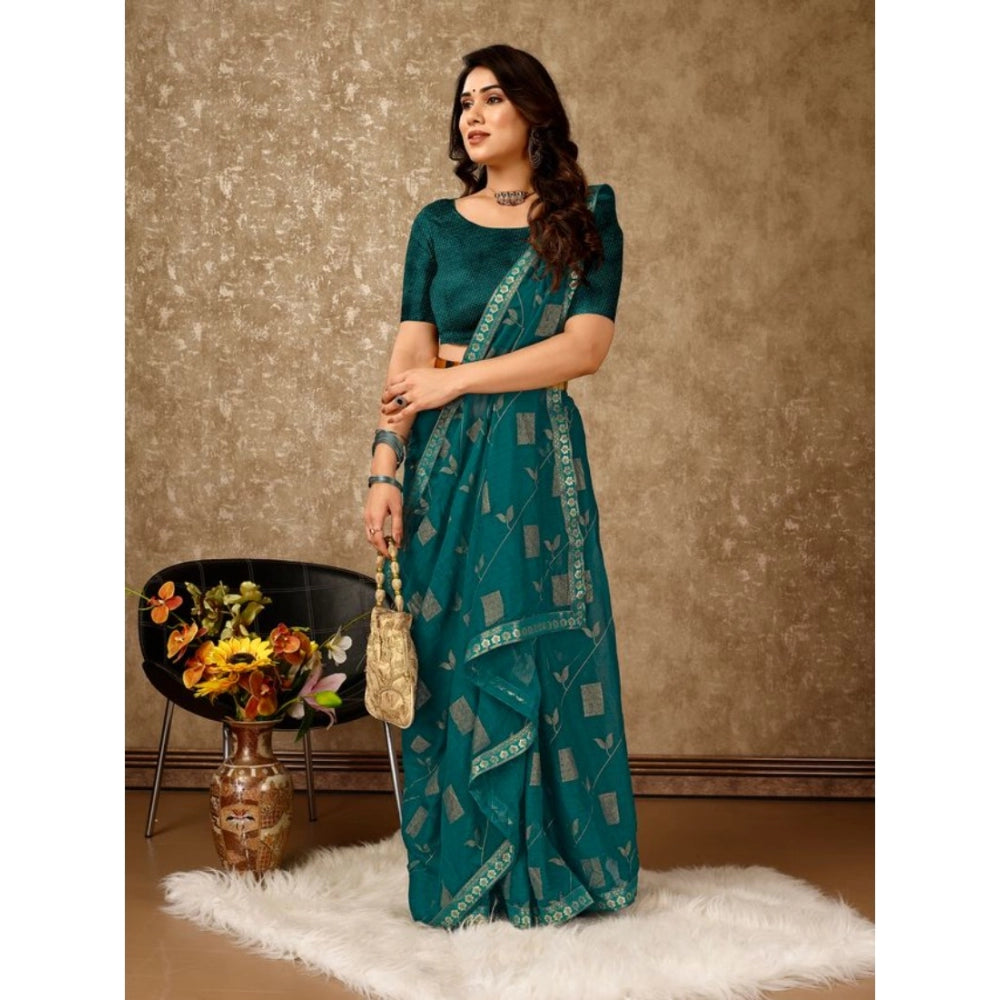 Generic Women's Zomto Patta Chiffon Saree With Unstitched Blouse (Teal Blue, 5-6 Mtrs)