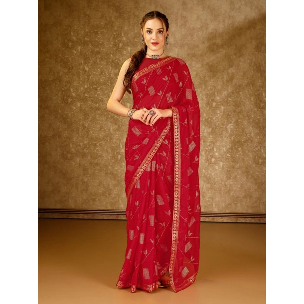 Generic Women's Zomto Patta Chiffon Saree With Unstitched Blouse (Red, 5-6 Mtrs)