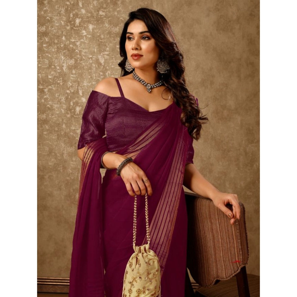 Generic Women's Chiffon Fabric Plain Saree With Unstitched Blouse (Wine, 5-6 Mtrs)