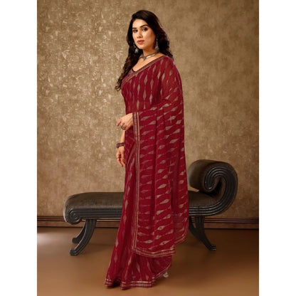 Generic Women's Zomto Laheriya Saree With Unstitched Blouse (Maroon, 5-6 Mtrs)