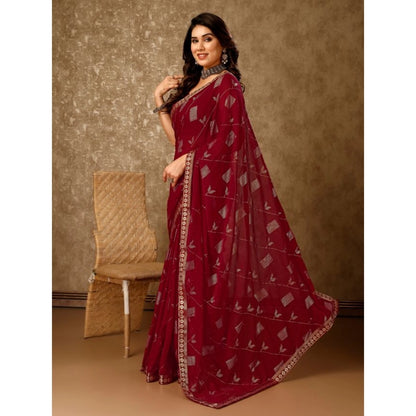 Generic Women's Zomto Patta Chiffon Saree With Unstitched Blouse (Maroon, 5-6 Mtrs)