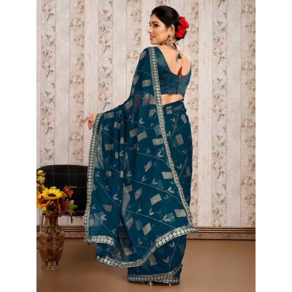 Generic Women's Zomto Patta Chiffon Saree With Unstitched Blouse (Blue, 5-6 Mtrs)