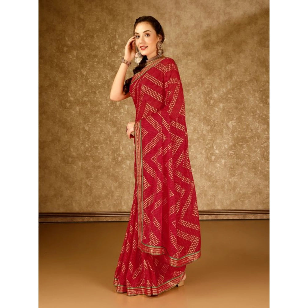 Generic Women's Zomto Zig Zag Saree With Unstitched Blouse (Red, 5-6 Mtrs)