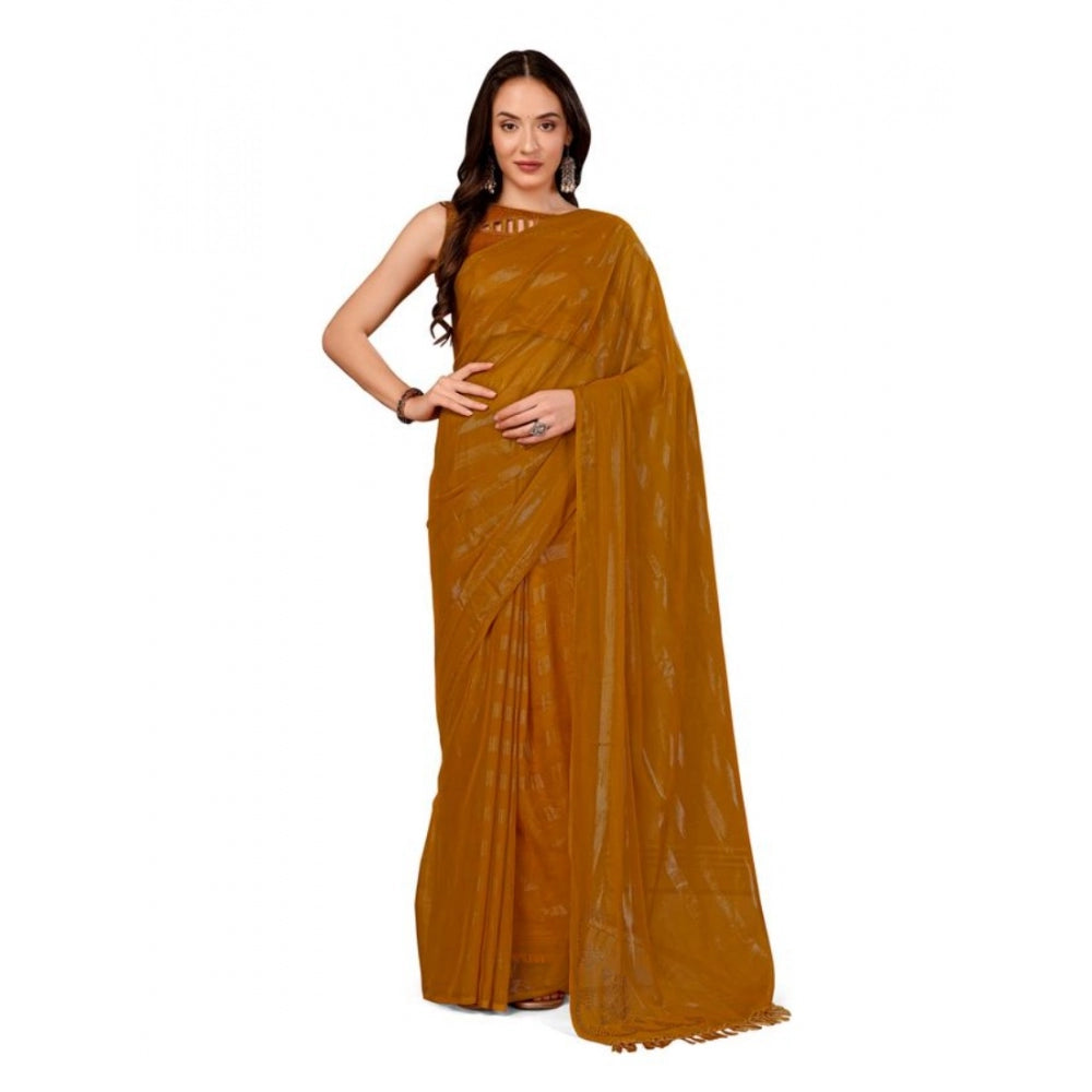 Generic Women's Chiffon Fabric Line Saree With Unstitched Blouse (Mustard, 5-6 Mtrs)