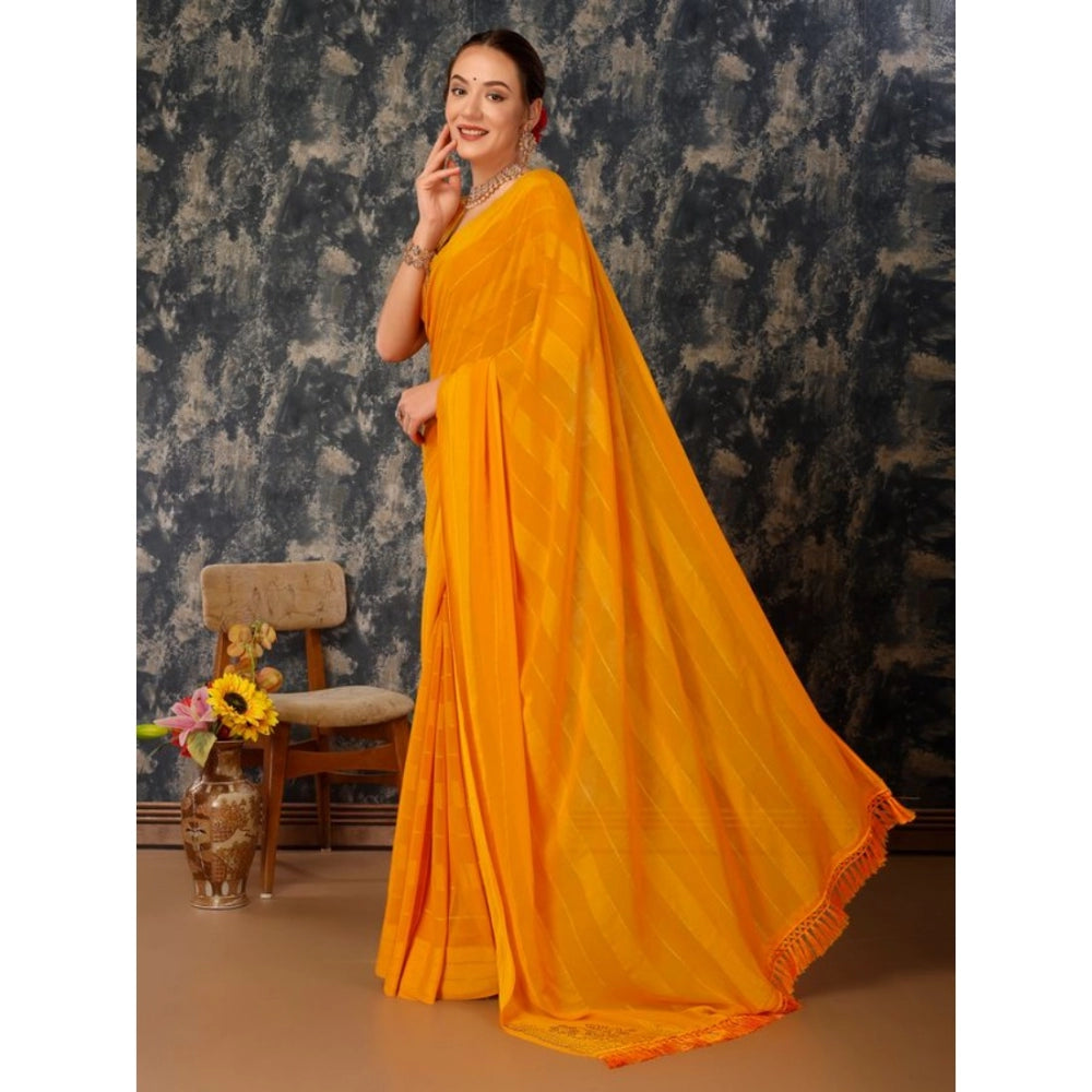 Generic Women's Chiffon Fabric Line Saree With Unstitched Blouse (Yellow, 5-6 Mtrs)