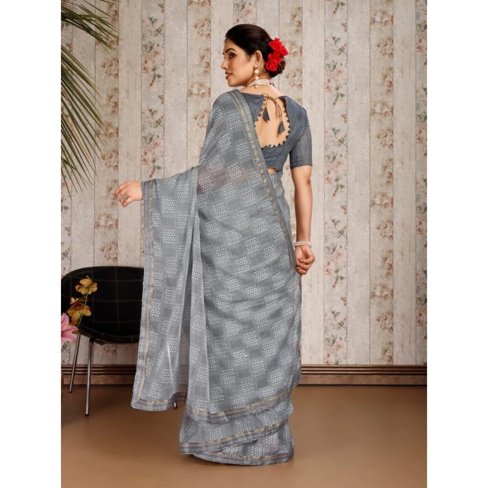 Generic Women's Zomto Checked Saree With Unstitched Blouse (Grey, 5-6 Mtrs)