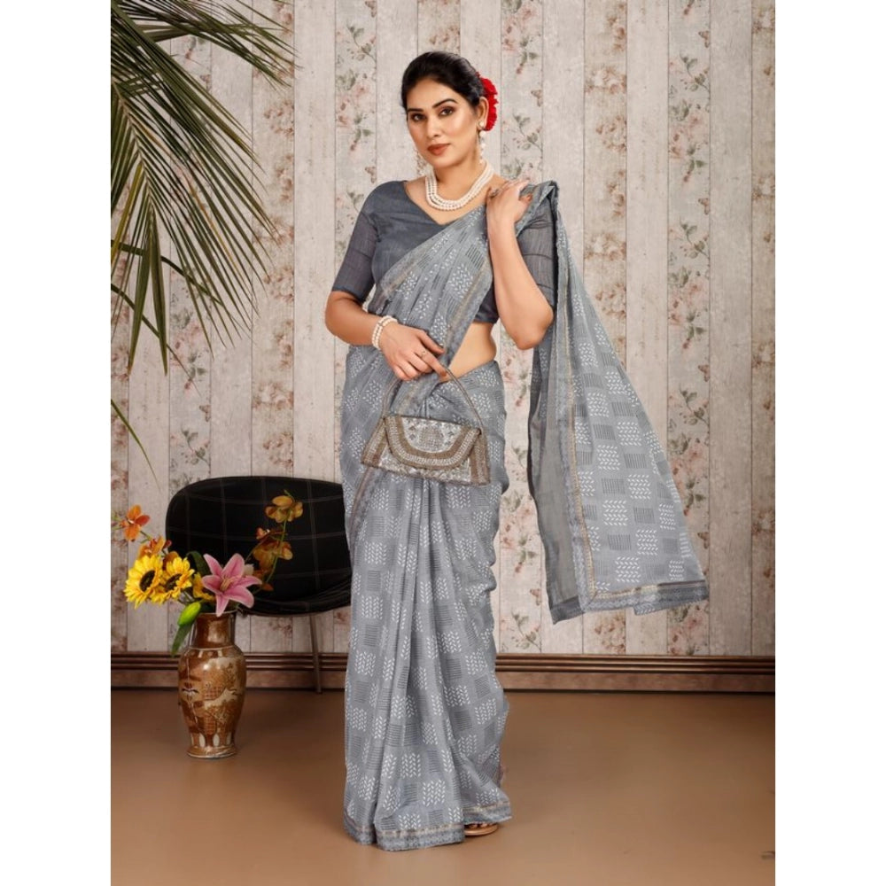 Generic Women's Zomto Checked Saree With Unstitched Blouse (Grey, 5-6 Mtrs)