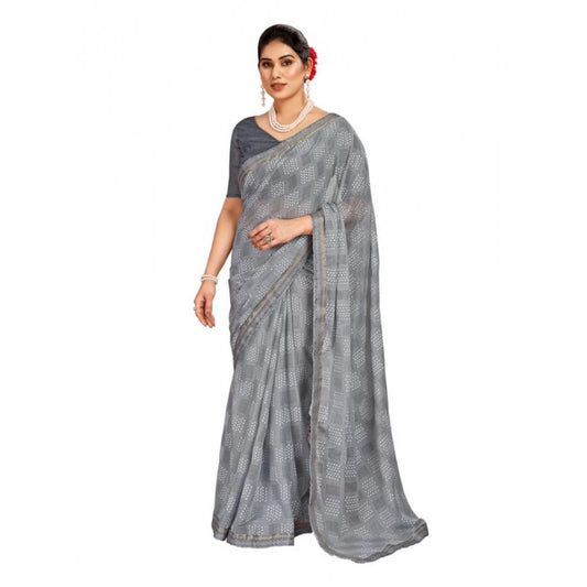 Generic Women's Zomto Checked Saree With Unstitched Blouse (Grey, 5-6 Mtrs)