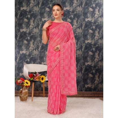 Generic Women's Zomto Checked Saree With Unstitched Blouse (Pink, 5-6 Mtrs)