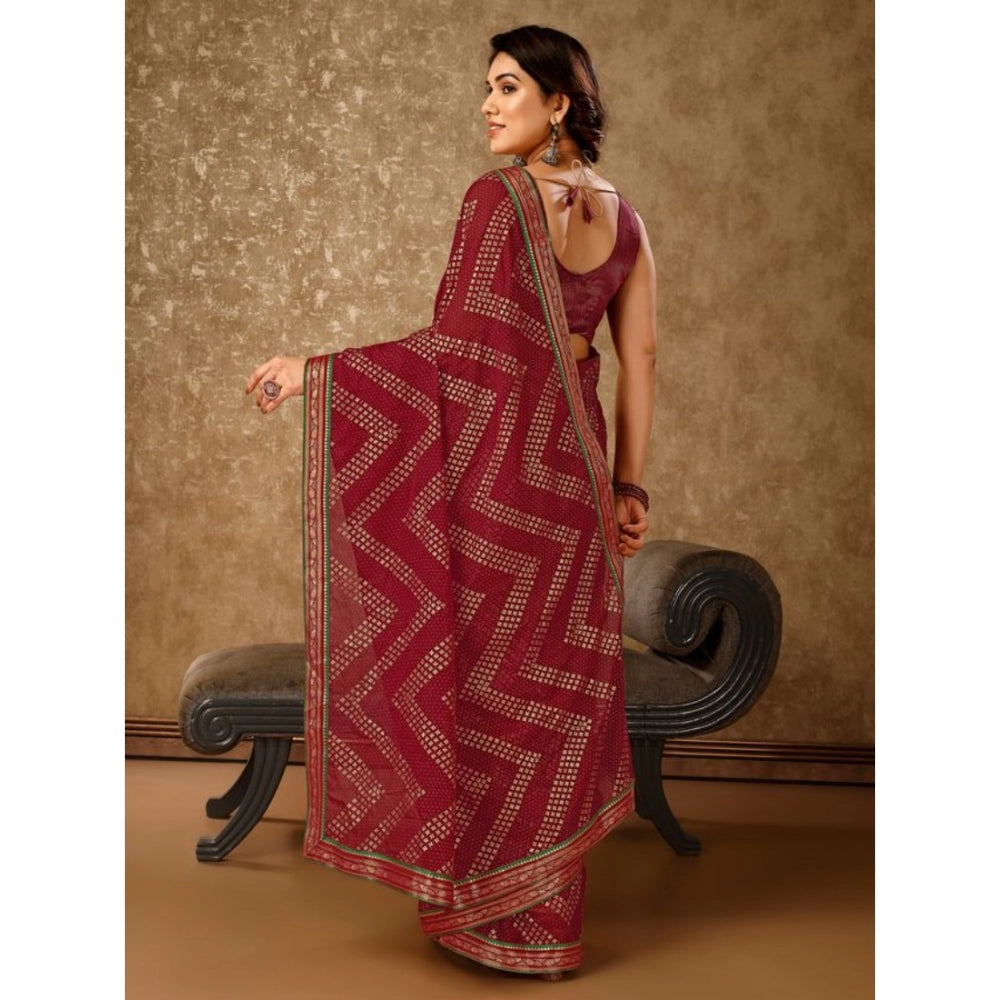 Generic Women's Zomto Zig Zag Saree With Unstitched Blouse (Maroon, 5-6 Mtrs)