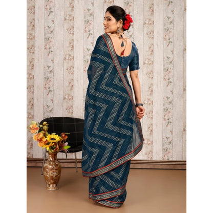 Generic Women's Zomto Zig Zag Saree With Unstitched Blouse (Blue, 5-6 Mtrs)