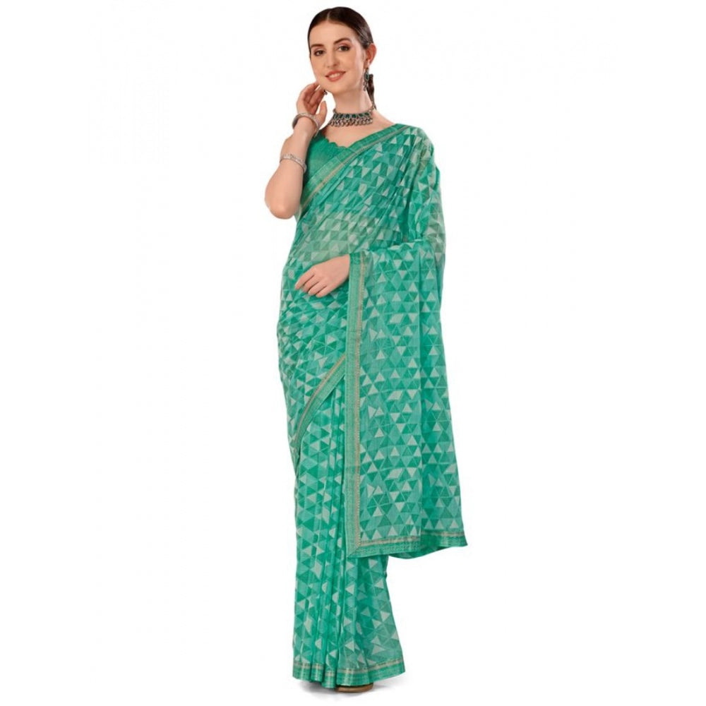 Generic Women's Zomto Printed Saree With Unstitched Blouse (Turquoise Green, 5-6 Mtrs)