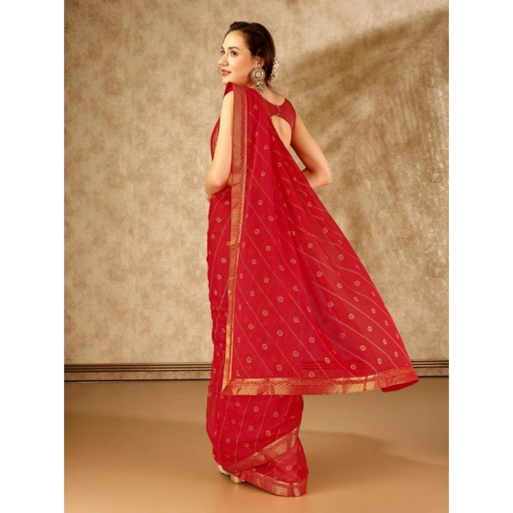 Generic Women's Zomto Bandhini Saree With Unstitched Blouse (Red, 5-6 Mtrs)