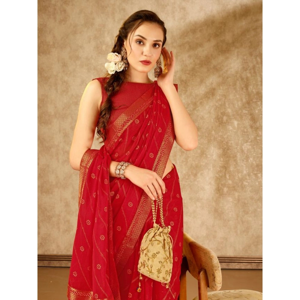 Generic Women's Zomto Bandhani Saree With Unstitched Blouse (Red, 5-6 Mtrs)