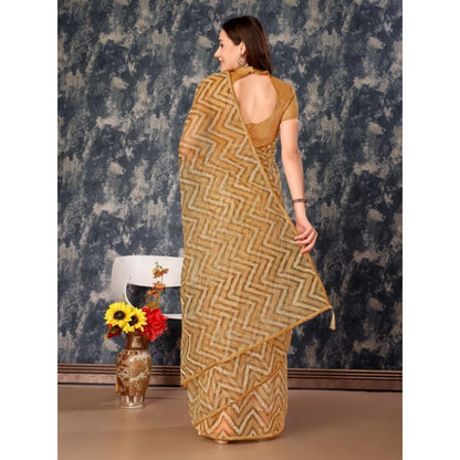 Generic Women's Linen Zig Zag Saree With Unstitched Blouse (Beige, 5-6 Mtrs)