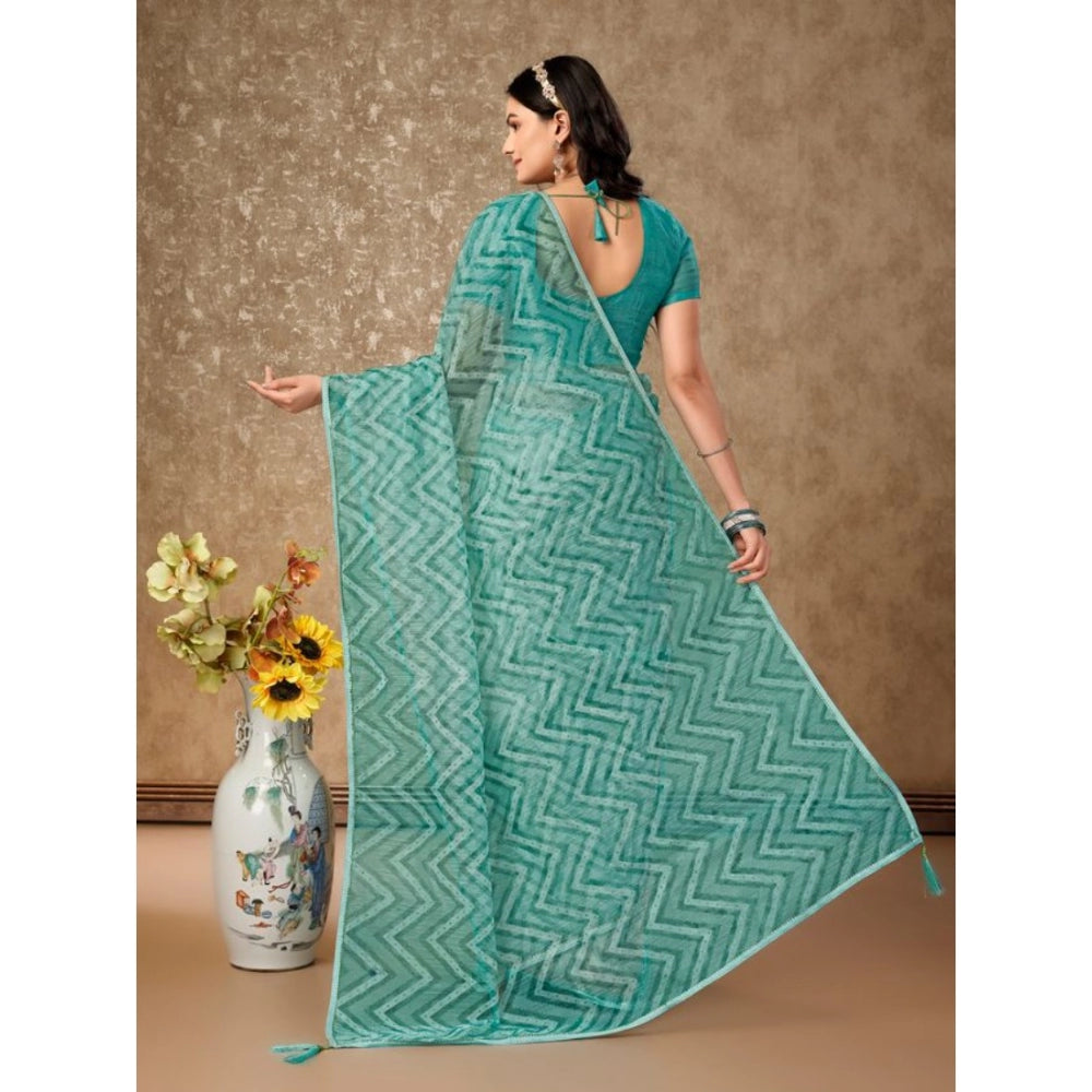 Generic Women's Linen Zig Zag Saree With Unstitched Blouse (Turquoise Green, 5-6 Mtrs)