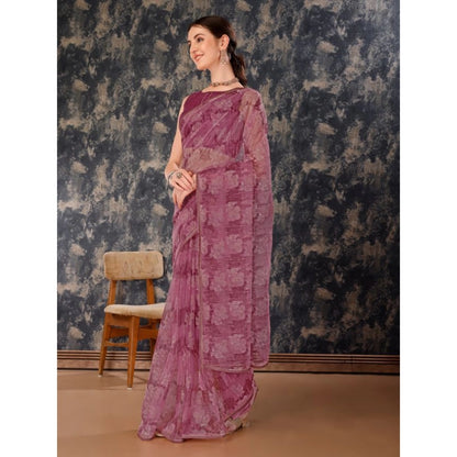 Generic Women's Linen Floral Printed Saree With Unstitched Blouse (Purple, 5-6 Mtrs)