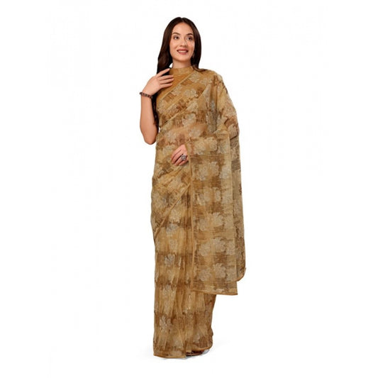 Generic Women's Linen Floral Printed Saree With Unstitched Blouse (Brown, 5-6 Mtrs)