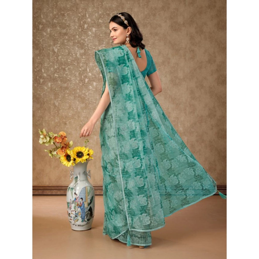 Generic Women's Linen Floral Printed Saree With Unstitched Blouse (Turquoise Green, 5-6 Mtrs)