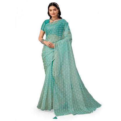 Generic Women's Linen Line Saree With Unstitched Blouse (Turquoise Green, 5-6 Mtrs)