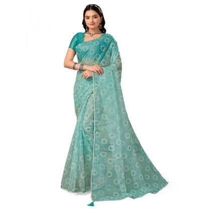 Generic Women's Linen Gola Printed Saree With Unstitched Blouse (Turquoise Green, 5-6 Mtrs)