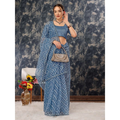 Generic Women's Linen Zig Zag Saree With Unstitched Blouse (Blue, 5-6 Mtrs)