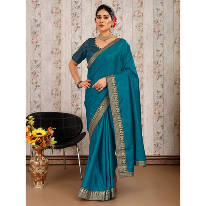 Generic Women's Vichitra Plain Saree With Unstitched Blouse (Blue, 5-6 Mtrs)