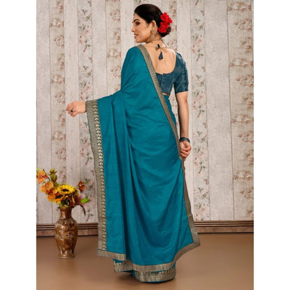 Generic Women's Vichitra Plain Saree With Unstitched Blouse (Blue, 5-6 Mtrs)