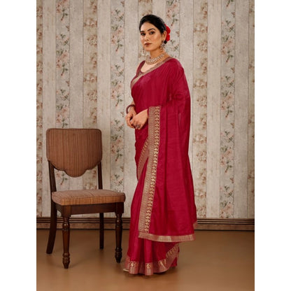 Generic Women's Vichitra Plain Saree With Unstitched Blouse (Maroon, 5-6 Mtrs)