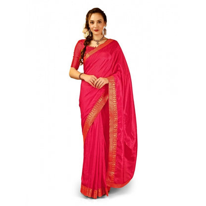 Generic Women's Vichitra Plain Saree With Unstitched Blouse (Pink, 5-6 Mtrs)