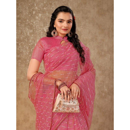 Generic Women's Linen Line Saree With Unstitched Blouse (Pink, 5-6 Mtrs)