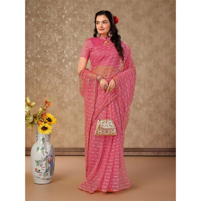 Generic Women's Linen Line Saree With Unstitched Blouse (Pink, 5-6 Mtrs)