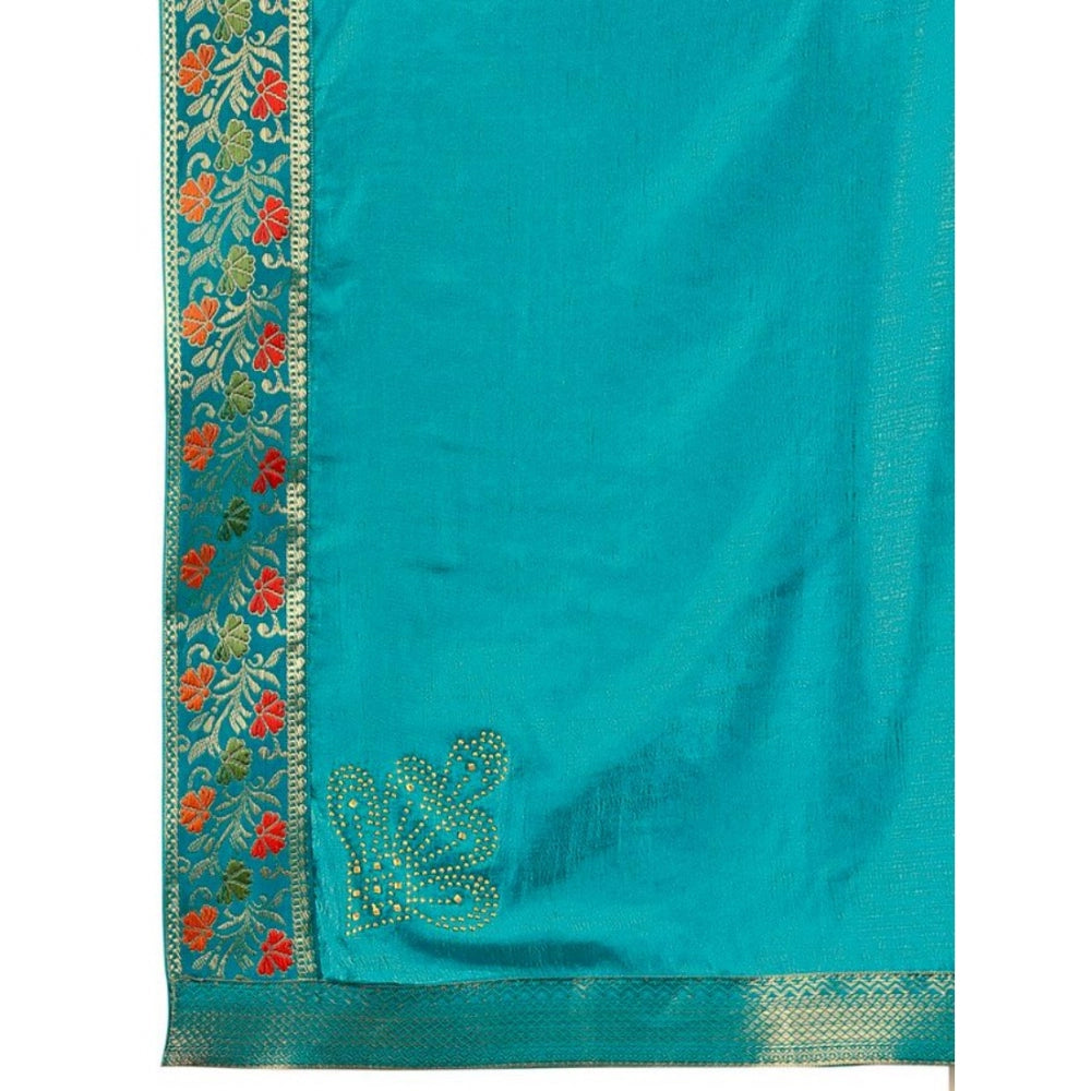 Generic Women's Vichitra Swiroshki Butta Saree With Unstitched Blouse (Turquoise Blue, 5-6 Mtrs)