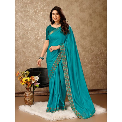 Generic Women's Vichitra Swiroshki Butta Saree With Unstitched Blouse (Turquies Blue, 5-6 Mtrs)