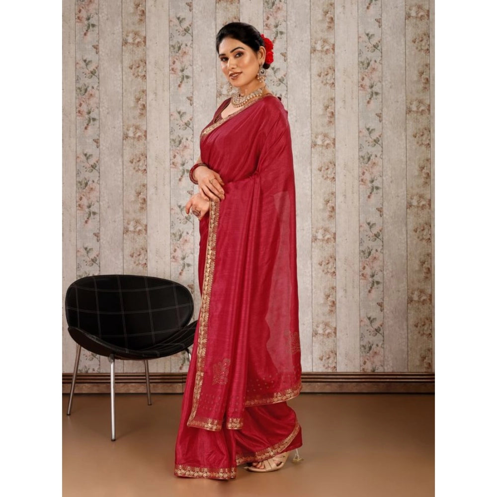 Generic Women's Vichitra Swiroshki Butta Saree With Unstitched Blouse (Maroon, 5-6 Mtrs)