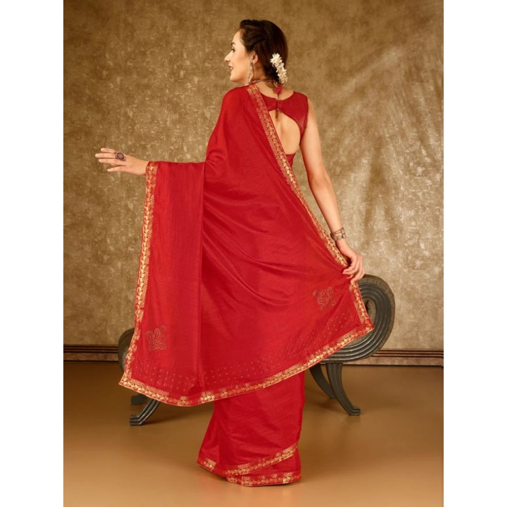 Generic Women's Vichitra Printed Saree With Unstitched Blouse (Red, 5-6 Mtrs)