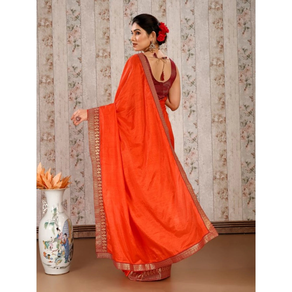 Generic Women's Vichitra Plain Saree With Unstitched Blouse (Orange, 5-6 Mtrs)